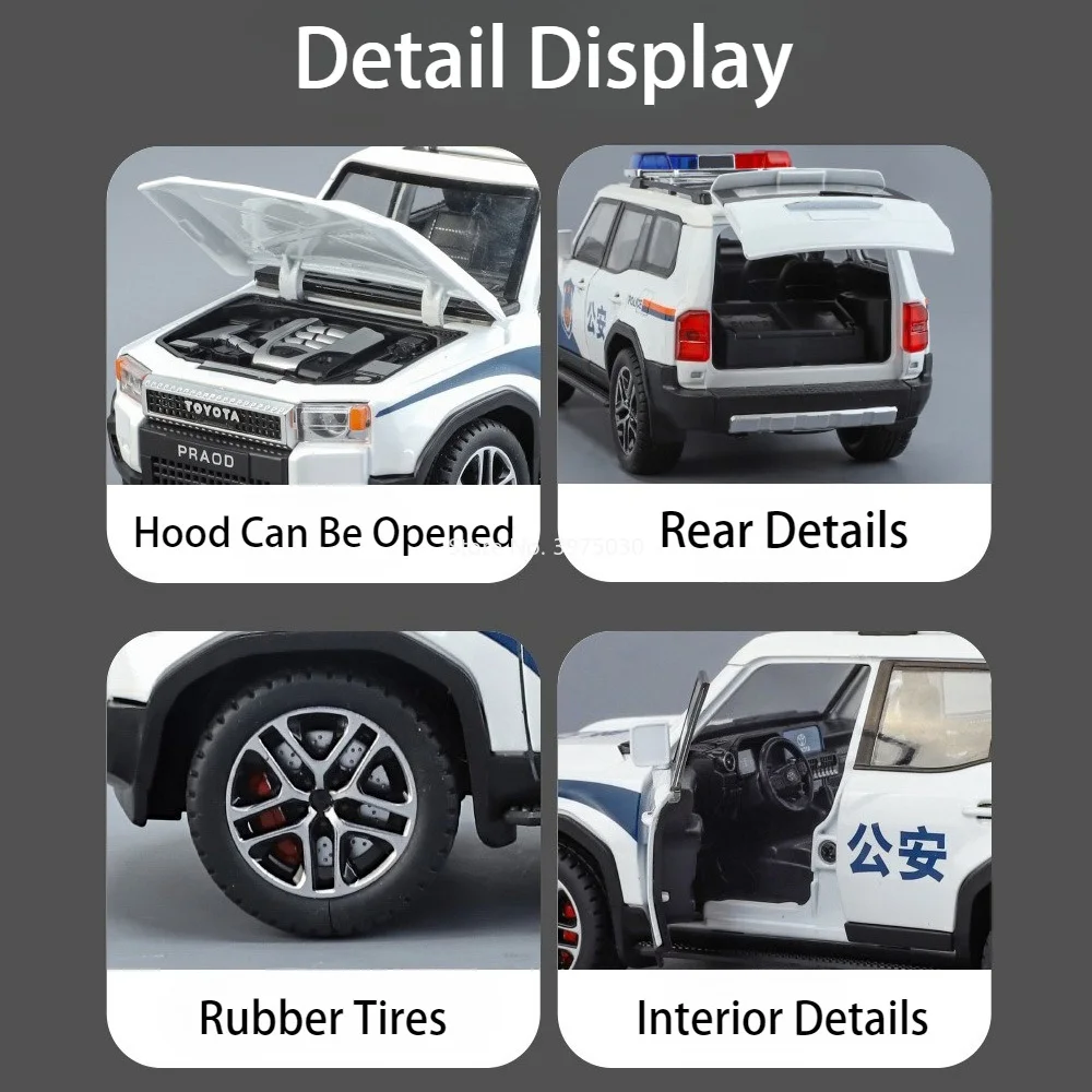 Modele samochodów Toyota Prado LC250 ze stopu 1:24, odlewane ciśnieniowo, zabawki z napędem pull-back, miniaturowe samochody policyjne z oświetleniem i muzyką, pojazdy dla dzieci na prezent.