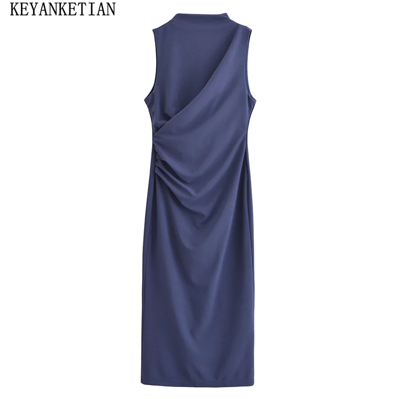 

KEYANKETIAN Summer New Women's O-Neck Sleeveless MIDI Dresses Solid color Fashion Asymmetrical Pleated Decoration Slim Dress
