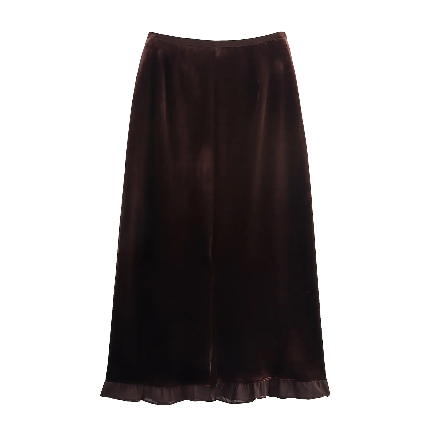 กระโปรงกำมะหยี่ผู้หญิง KONDALA ดีไซน์หรูหรา เอวยางยืด ชายกระโปรงระบาย กระโปรงยาวปานกลาง แฟชั่นฤดูใบไม้ร่วง-ฤดูหนาว 2025 สไตล์ลำลอง โรแมนติก