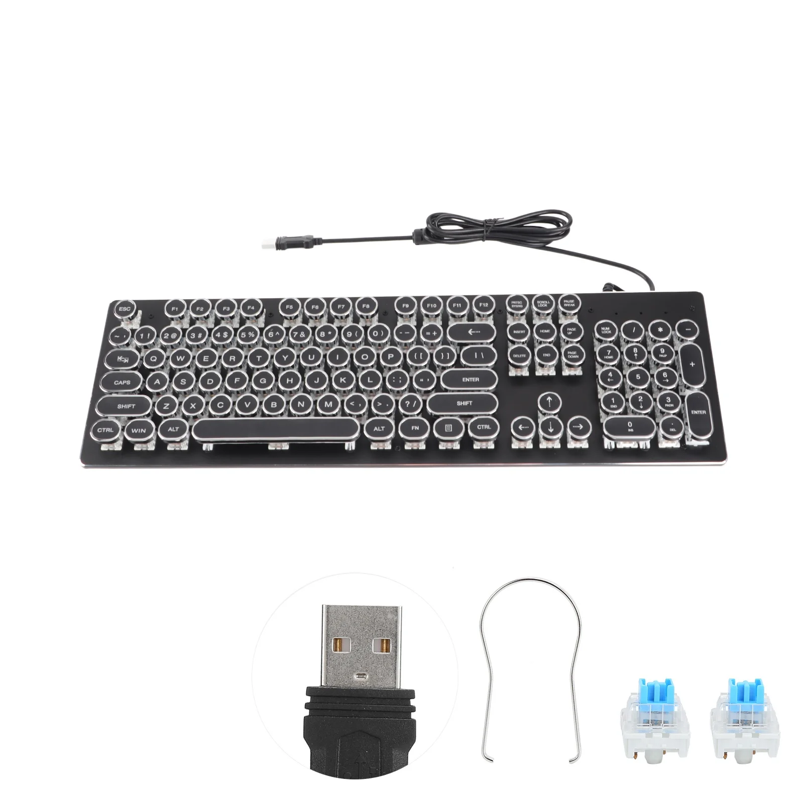 Retro Wired Gaming Mechanical Keyboard Key Click with 104 Keys Mixed Light Ergonomic Design