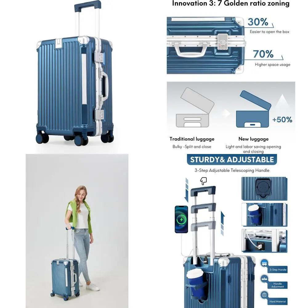 

20-дюймовый великолепный драгоценный камень-синий чемодан с раздельным отверстием 3/7, без молнии, с алюминиевой рамой, более объем 22x14x9, одобренная авиакомпанией, ручная кладь