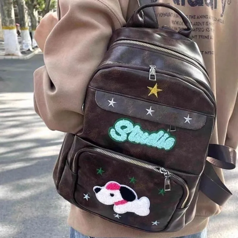 حقيبة ظهر JIAERDI Retro Coffee لطيفة على شكل جرو للنساء من الجلد بسعة كبيرة حقيبة نهارية للسيدات بحروف مولارد ستار Y2k Mochilas Mujer Chic