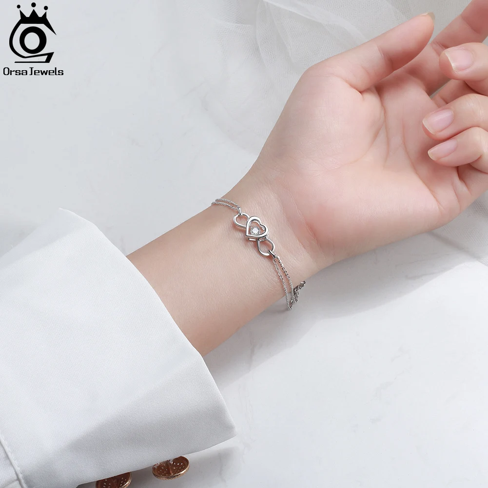 

ORSA JEWELS Trendy 925 Sterling Silver Double Layers Heart Bracelet for Women Girl Mom Best Birthday Chain Bracelets Gift SB135