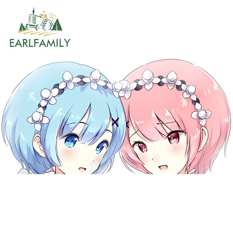 EARLFAMILY 13cm for Anime Twins with Blue Rem Ram Vinyl Car Stickers Personality Air Conditioner Surfboard RV Waterproof Decal