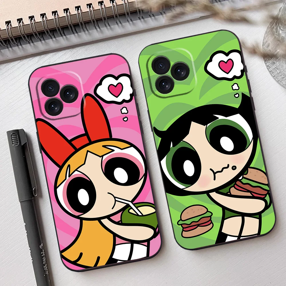 Cartoon P-Powerpuffs Girls Burger Coconut Sisters Phone Case for iPhone 12 11 13 14 15 16 Max Pro Plus Black Soft Silicone Cover