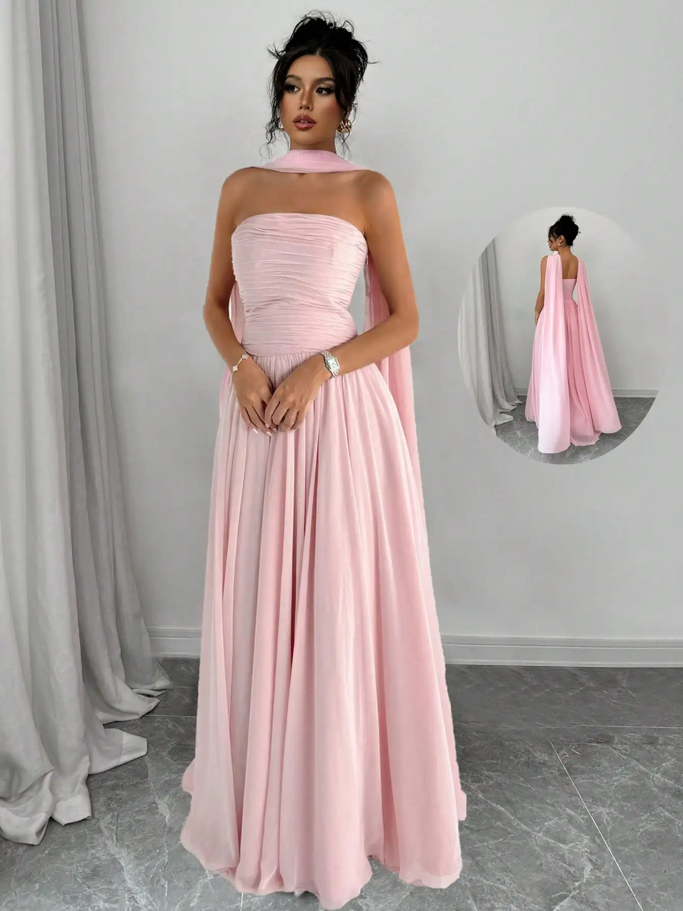 

Women's Solid Pink Halter Maxi Dress with Pleated Bodice and Flowing Skirt