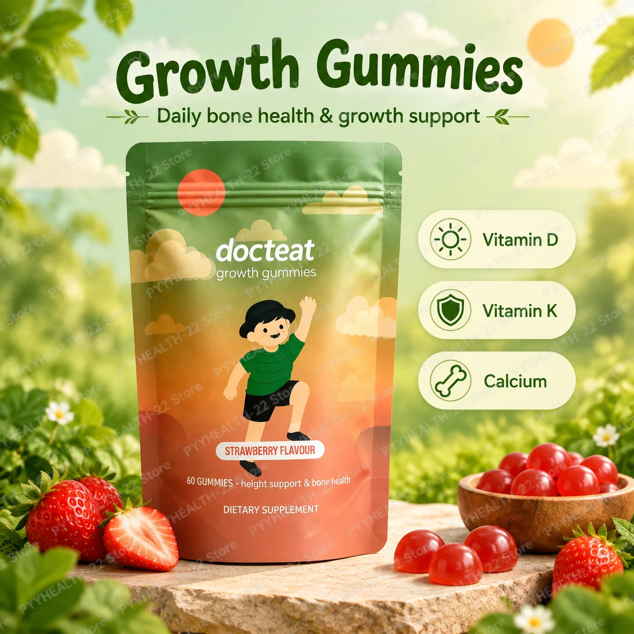 Docteat Kids Bone Support Gummies with Vitamin D K Calcium, Strawberry Flavour Chewable Daily Nutrition Supplement, 60 Count