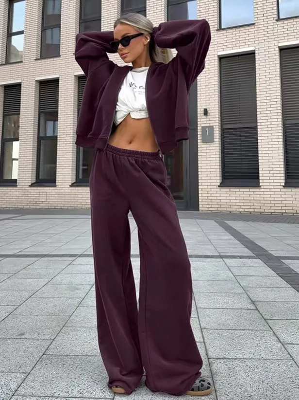 

Модный повседневный свитшот с капюшоном, длинные брюки с высокой талией, комплект из двух предметов, женский свободный крой, застежка-молния, осенняя одежда