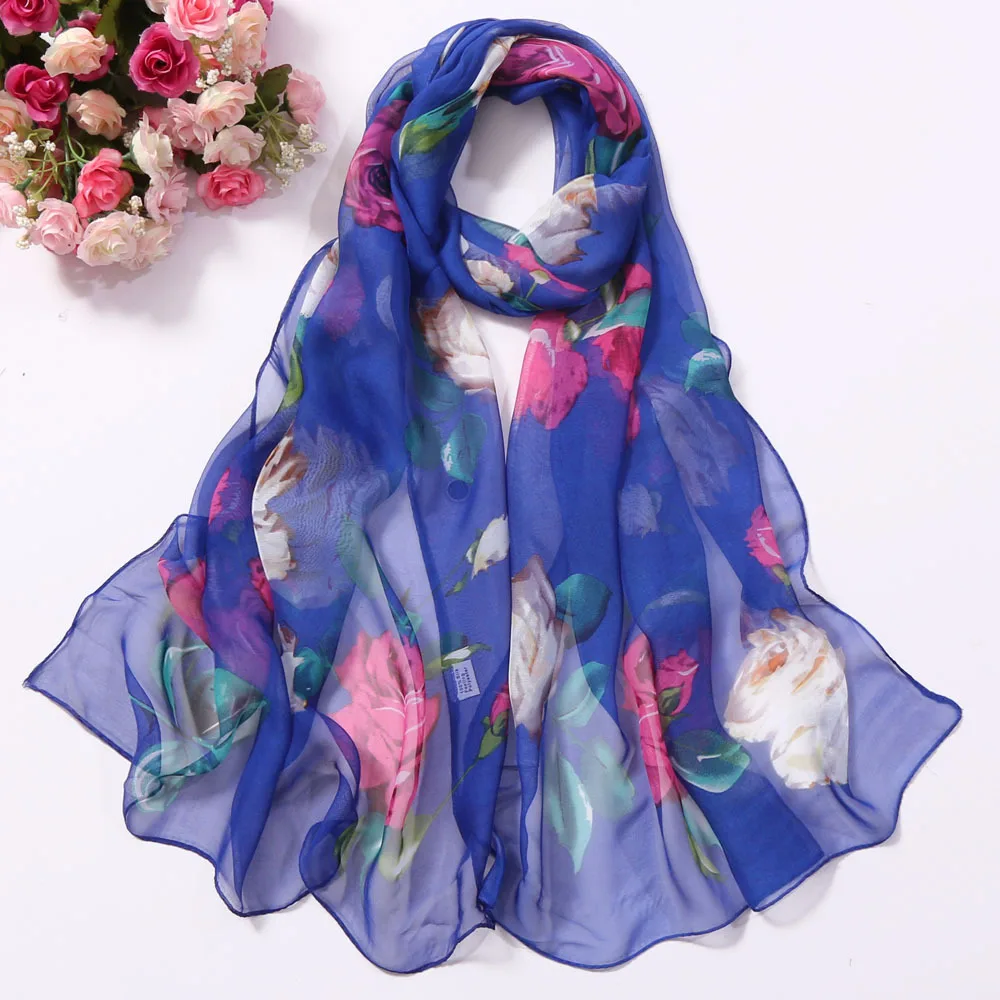 Rose Flower Summer Chiffon Georgette Scarf Women Foulard Shawl Bandana Elegant Beach Sun Protection