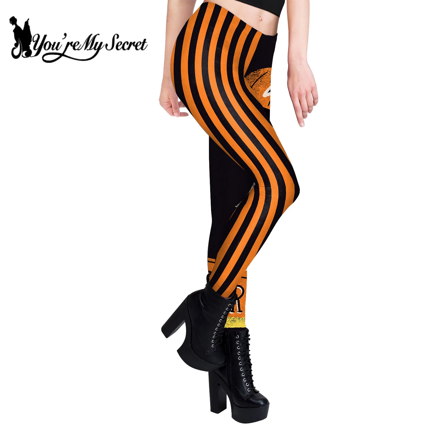 [You\'re My Secret] Halloween Pumpkin Skull 3D Print Pattern Sexy Stripe Workout Pants Leggings For Women Trouser Mid Waist Pant