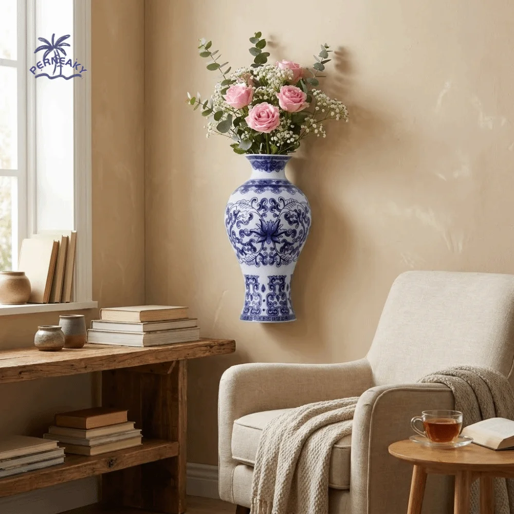 Antique Blue White Porcelain Wall Hanging Ceramic Vase Handmade Decorative Hydroponic Vase Flower Container Living Room Decor