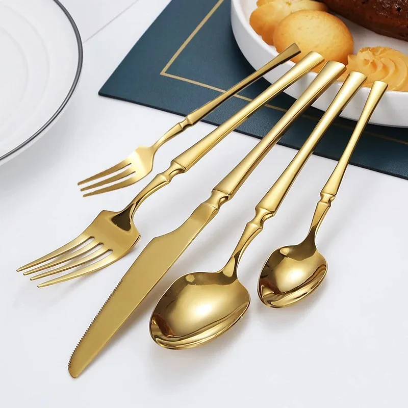 

30pcs Bright Gold Dinnerware Set Stainless Steel Tableware Knife Tea Fork Coffee Spoon Flatware Dishwasher Safe Dinner Cutlery