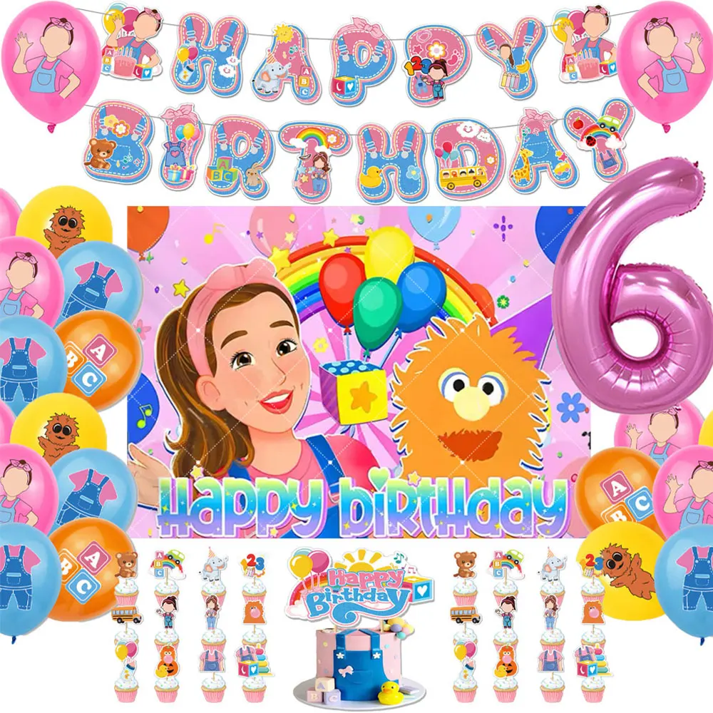 

Cartoon Early Education English Teacher Child Birthday Party Decor Ms&Rachel Balloon Banner Backdrop Cupcake Topper for Kid Gift