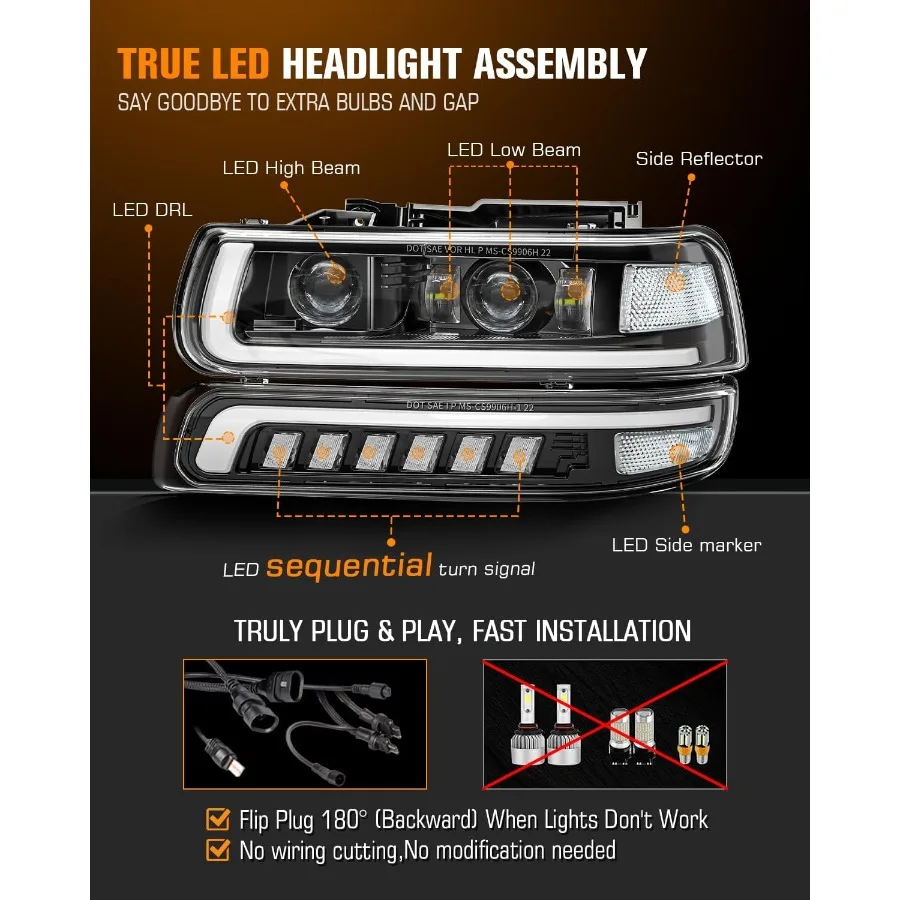 مجموعة المصابيح الأمامية LED للمصابيح الأمامية لاستبدال 19992002 تشيفي سيلفرادو 20002006 الضواحي 0006 تاهو إشارة الانعطاف المتتابعة #3