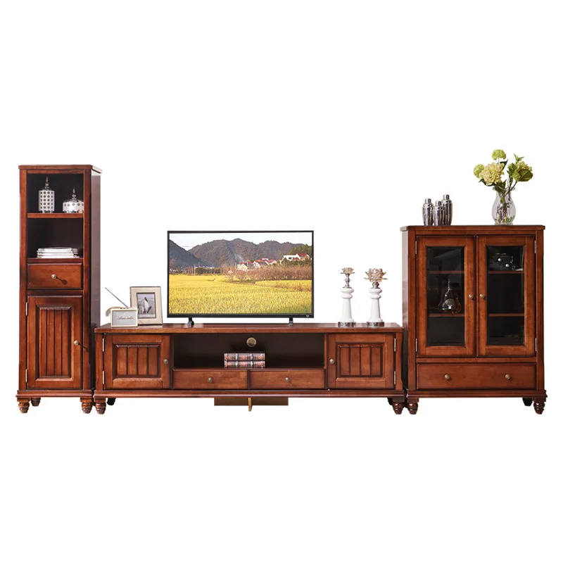 

American solid wood TV cabinet high and low cabinet combination size apartment video