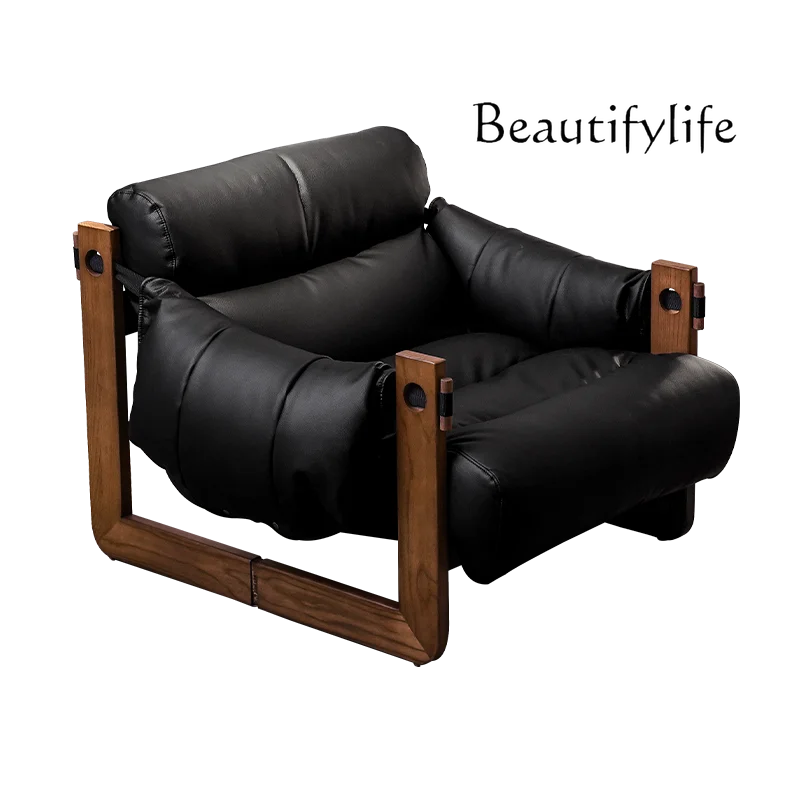 Nordic Single Sofa Antique Style Solid Wood Retro Designer Model Leisure Chair Home Recliner