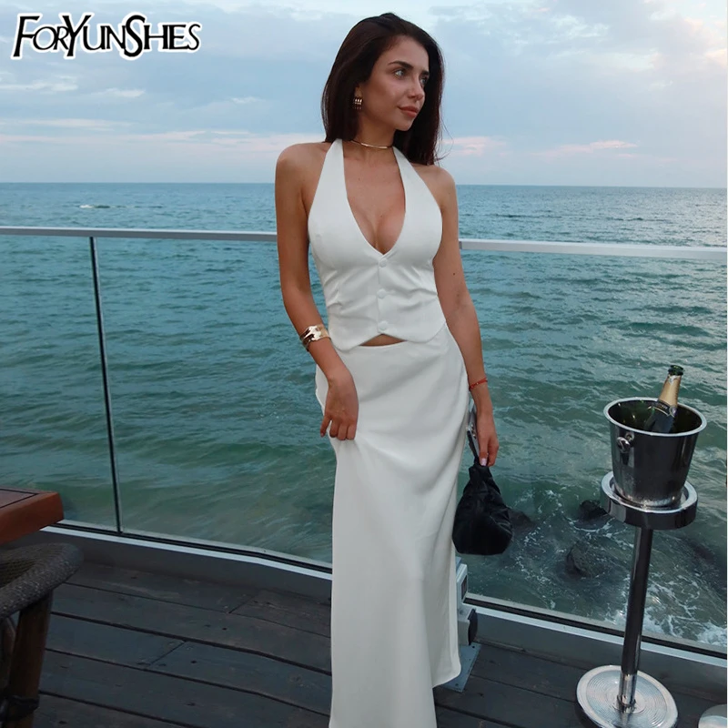 

Halter Vest Skirt 2 Piece Set Women Single Breasted Lace Up Backless Waistcoat Female Suit Split Sheath Skirts Office Lady Suit