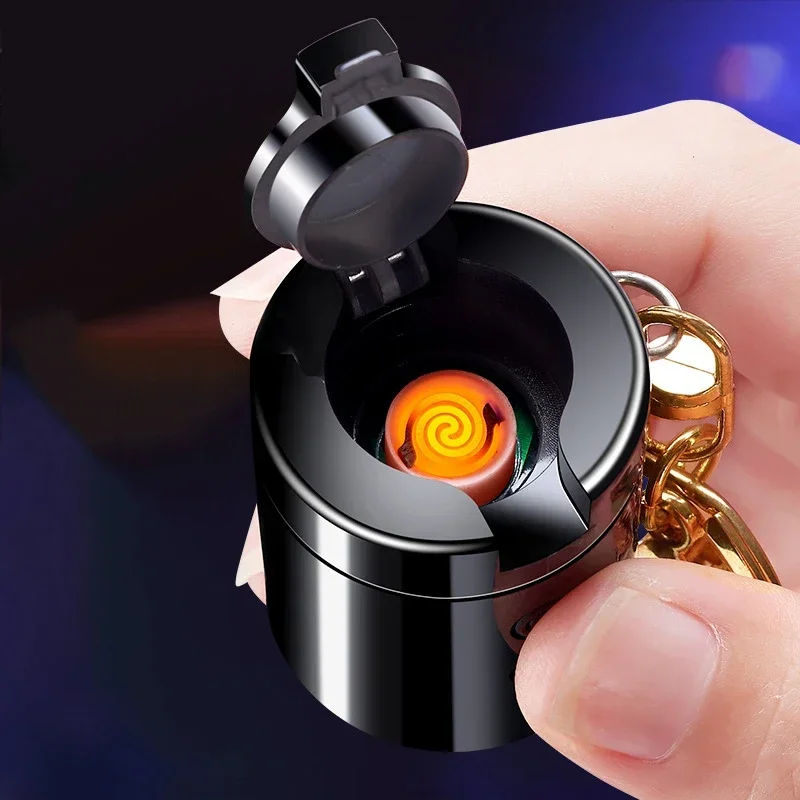 Electronic Flameless Windproof Portable Keychain Pendant Lighter USB Charging Lighter LED Lighting Flashlight Cigarette Lighter