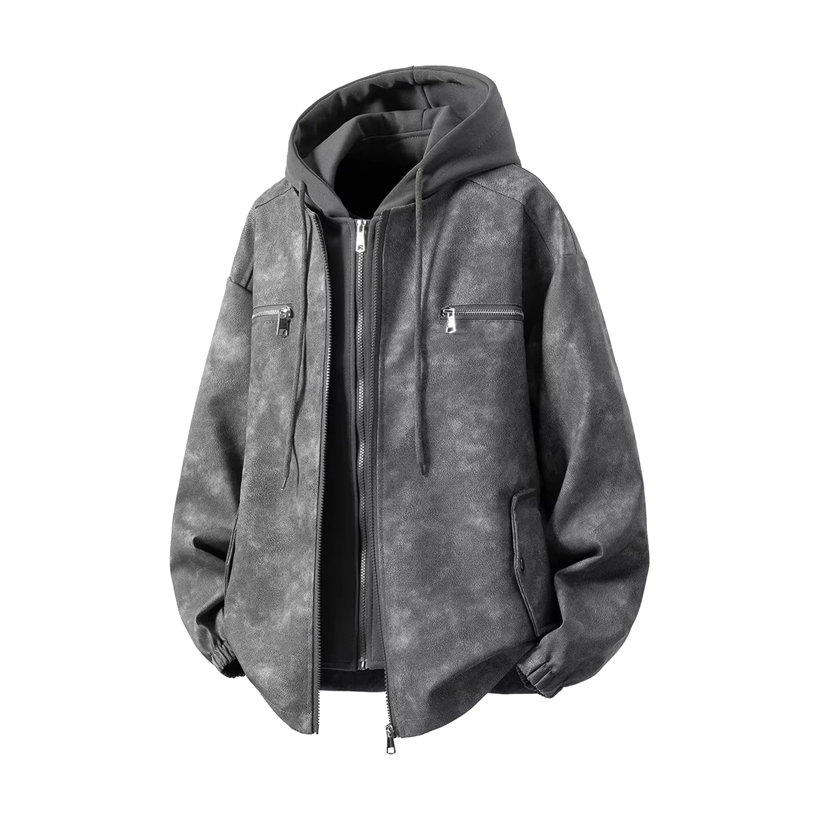 

YHOPE Men's Solid Color Hooded PU Leather Fake Two-piece Vintage Distressed Fabric Metal Decoration Jacket