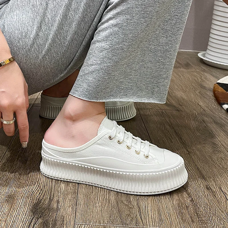 Canvas shoes women summer 2023 new half slippers casual platform lazy white shoes