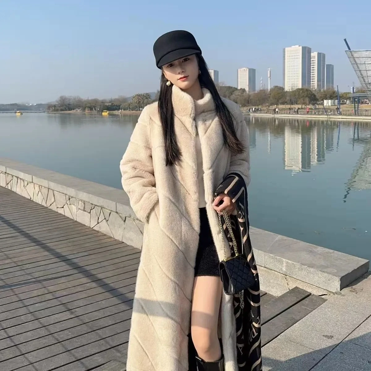 Black Stand collar Faux fur Coat 2026 Winter New Original design Women's Gold mink fur Thick Long Coats Female Warm Overcoat