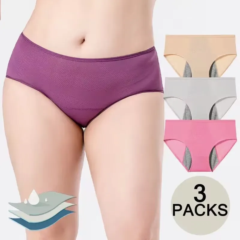 3Pcs Leak Proof Menstrual Panties Plus Size Uurinary Incontinence Briefs Female Period Physiological Underwear+Gynecological Pad