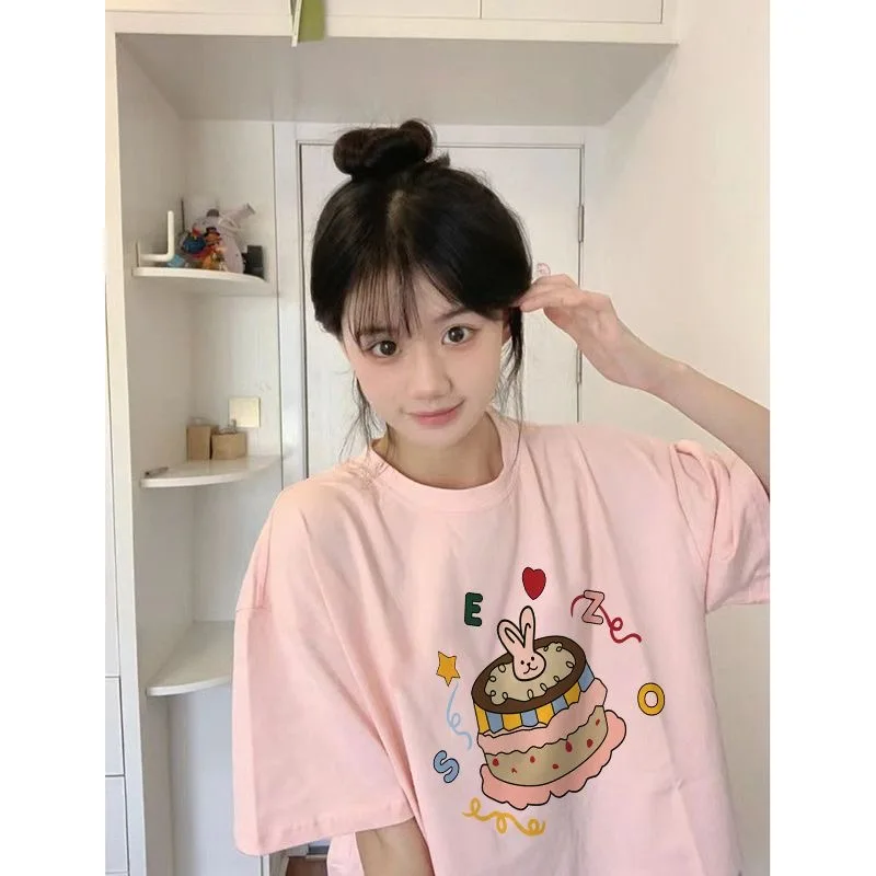 Cake Rabbit Printing T Shirts 100% Cotton Tee 2024 Women Cute Pink T-shirt Y2K Short Sleeve Casual Loose Oversized Tshirt