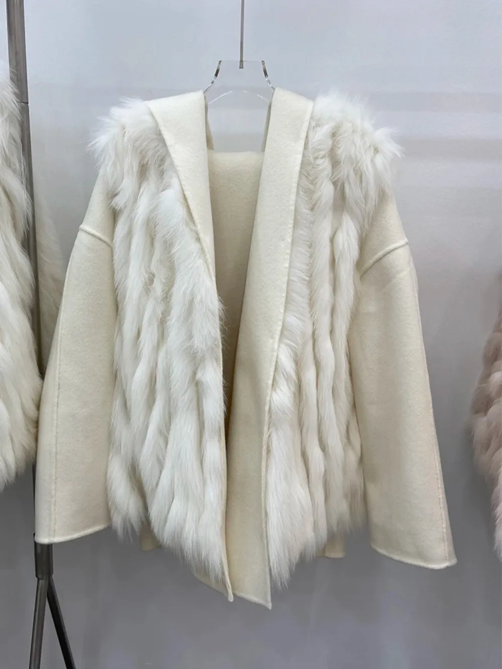 2024 New Winter Detachable Real Fox Fur Liner Woolen Jacket Women Loose Belt Double-sided Wool Coat Female Hooded Thick Coat