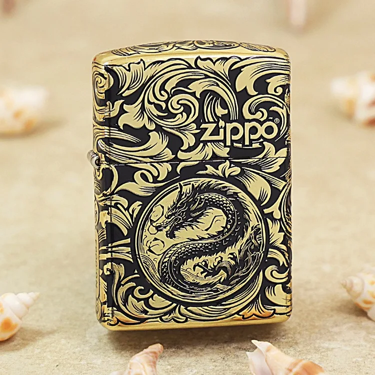 

Оригинальная зажигалка Zippo, черно-Золотая китайская Зажигалка Loong, медная ветрозащитная сигаретная керосиновая зажигалка, подарок, защита от подделки