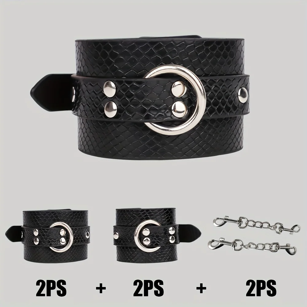 2PCS Punishment Bondage Kit SnakeSkin Leather Handcuffs and Feet Cuffs Restraint Discipline Tools for Women and Couples Pleasure