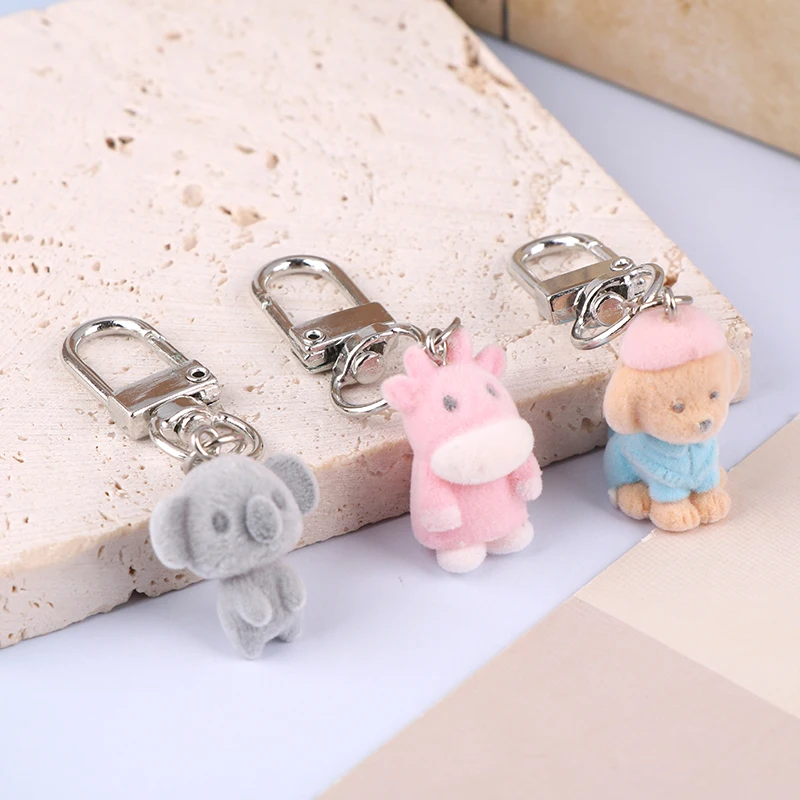 3D Cute Flocking Puppy Calf Koala Plush Keychain Cartoon Flocked Dog Keyring Animal Pendant Backpack Charms Car Bag Decor Gifts