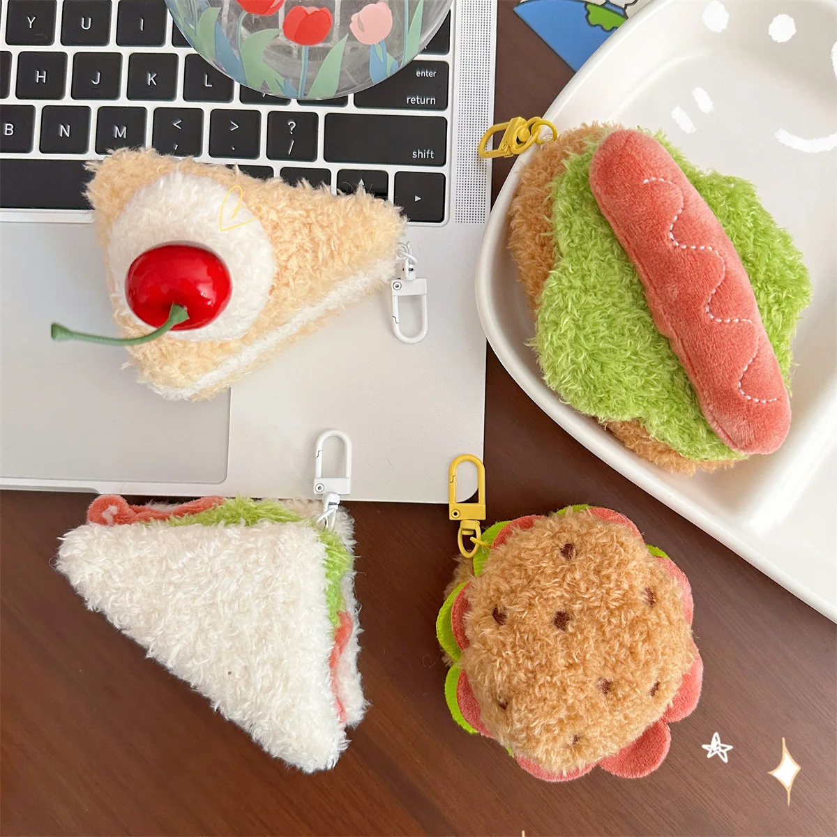 Creative Simulation Sandwich Plush Keychain Cartoon Hamburger Cake Hot Dog Food Model Car Keyring Men Women Backpack Decoration
