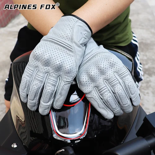 Imagen 2 del producto Guantes de cuero Retro para motocicleta, perforados, transpirables, pantalla táctil, accesorios de ciclismo, protección completa para dedos