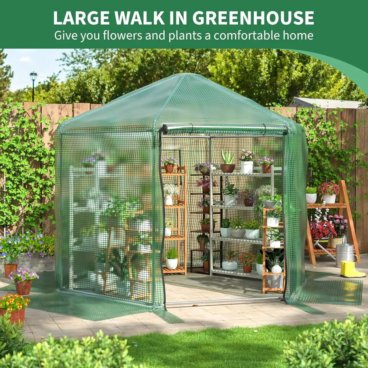 DAKITO 9.4x9.4x8.2 FT Walk-in Greenhouse, Heavy-Duty Metal Frame Greenhouse,180g Double Layer PE Cover, Indoor and Outdoor Green