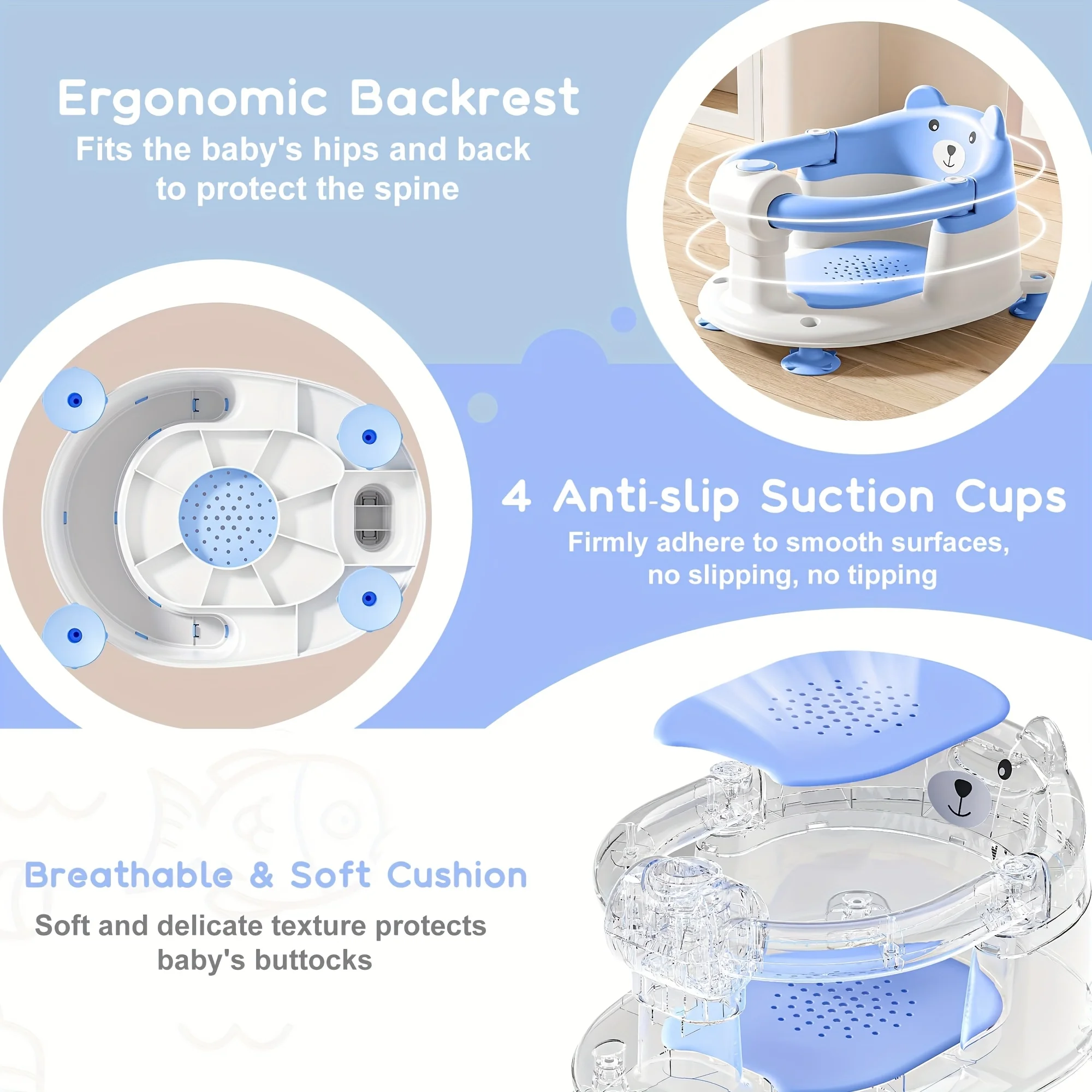 1Pc Baby Bath Seat for 6M+, Non-Slip Bath Chair with 4 Suction Cups & Soft Pad, Compact Portable Shower Seat for Infants