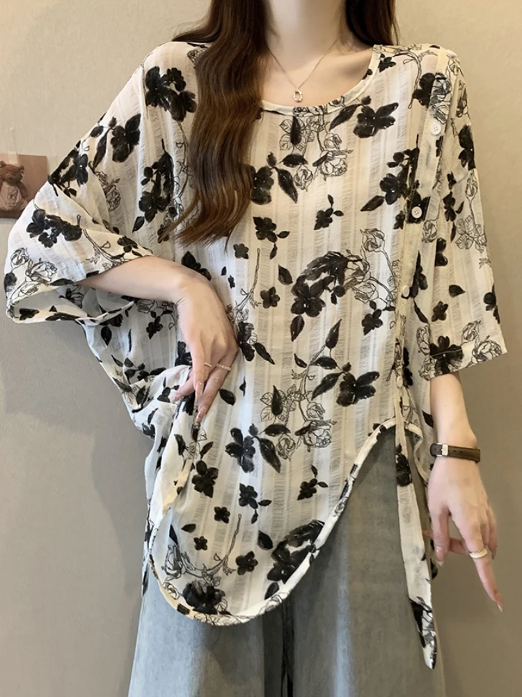 

Loose Floral Print Chiffon Top Women Summer Half Sleeve Bottoming T-Shirt Asymmetric Korean Style Casual Thin Design Split Ba...