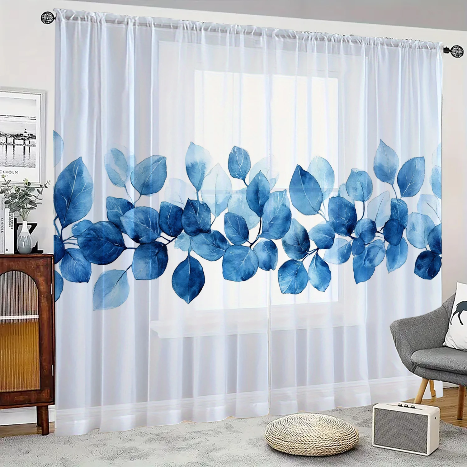 2 pieces HD digital Blue leaves printed window screen home decor style decoration living room bedroom rod