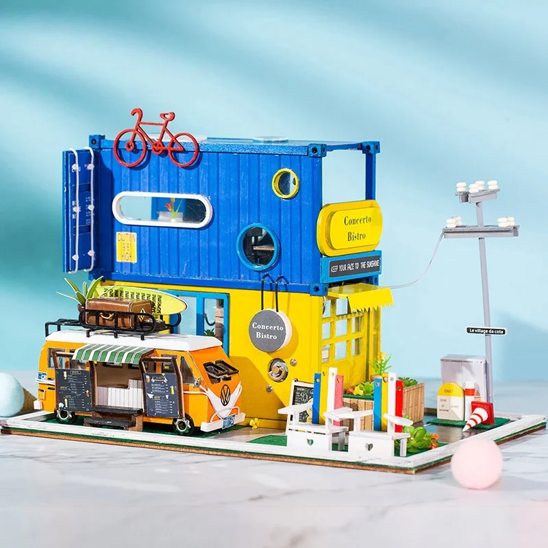 OUZEY Creative Container House DIY، مجموعة بناء خشبية ثلاثية الأبعاد، لعبة العمارة الحديثة للمراهقين