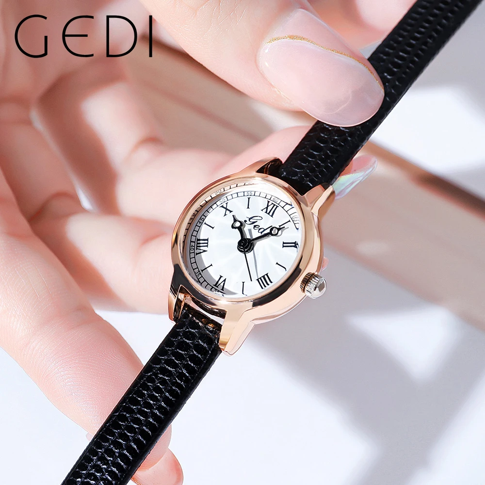 GEDI Ultra-thin Watch Women Luxury Brand Small Quartz Wristwatch Ladies Watches PU Leather Band Roman Scale Water Resistance 30m