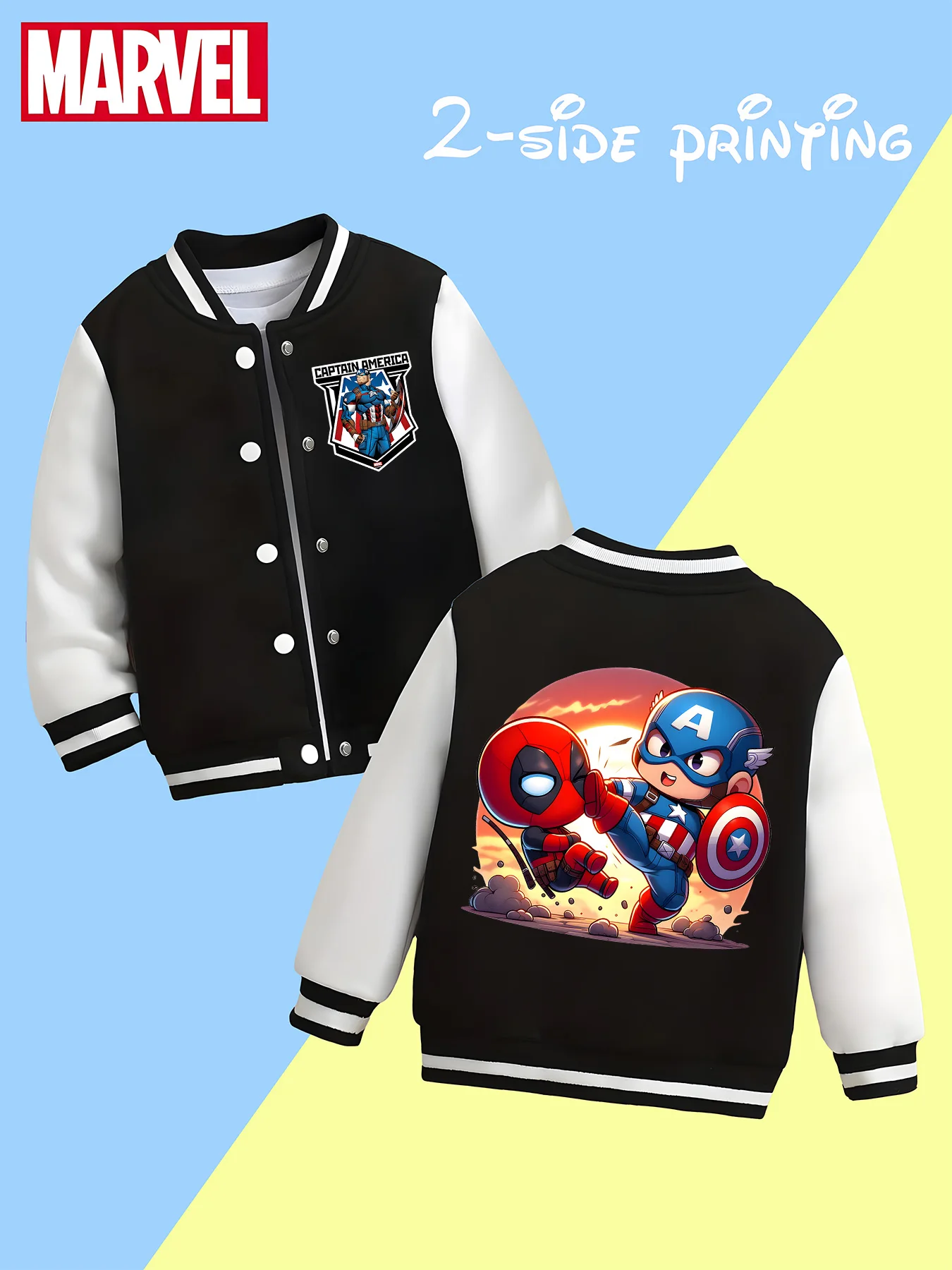 

MINISO Marvel Boys Baseball Jacket - Captain America and Deadpool cute and soft fabric, unique hero wear, fashionable and childl