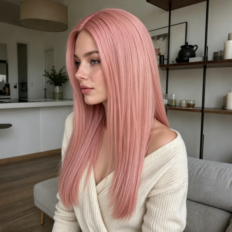 28-inch synthetic pink wig for women, silky smooth, center-parted straight hair, suitable for everyday casual wear.