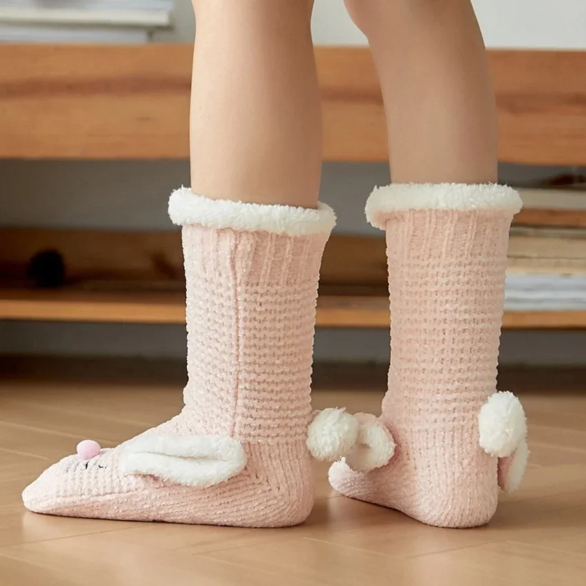Fuzzy Slippers Socks thermal Women Winter Warm Plush Non Slip Grip Soft Female Rabbit Ear 3D Kawaii Funny Fluffy Floor Sock