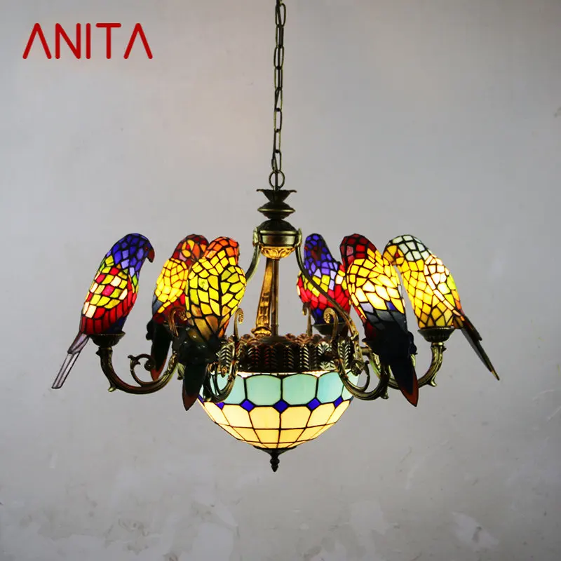 

TEMAR Tiffany Parrot Chandelier LED Vintage Creative Color Glass Pendant Lamp Decor for Home Living Room Bedroom Hotel