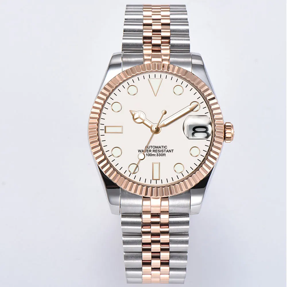 Imagem -04 - Logotipo Feito sob Encomenda Nome Relógio de Ouro Rosa 36 mm 39 mm Polido Automático Relógio Masculino Nh35a Movimento Safira Cristal Verde Mostrador Luminoso