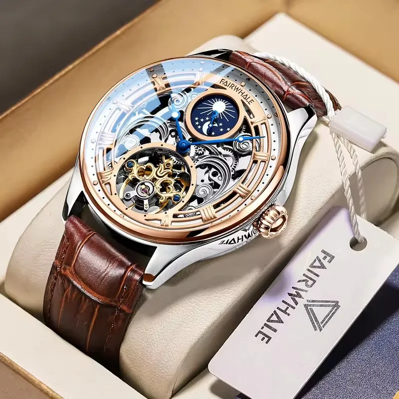 

Fairwhale Men Wristwatcs High Quality Japan Automatic Movement Mechanical Watches Men's Waterproof Moon Phase Leather Watch Gift