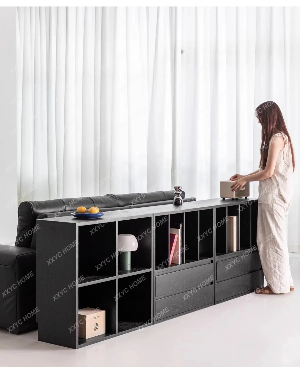 L Modular Combination Cabinet Sofa Side Cabinet Black Solid Wood Ash Wood Bay Window Bookcase Lattice Cabinet
