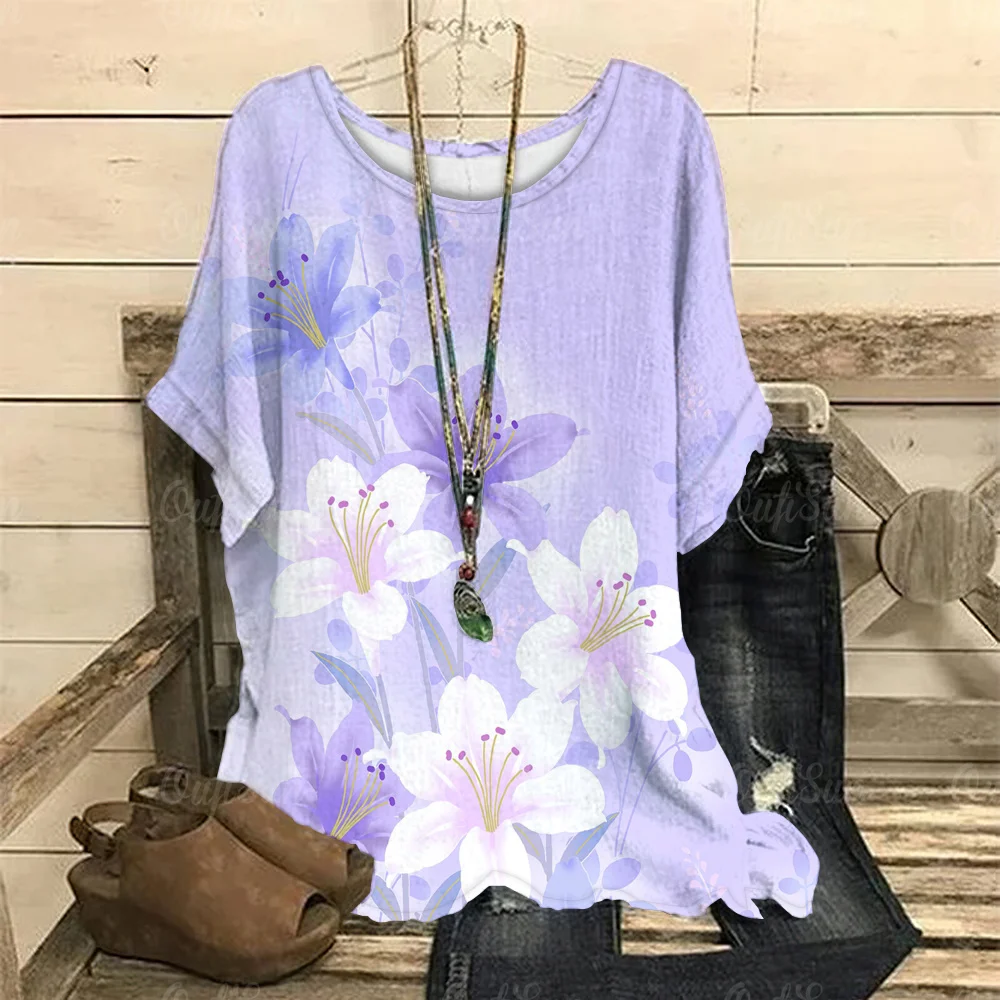 Women O-Neck T-Shirts Floral Print Casual Pullover Loose Short Sleeves Purple Oversized Tee Shirt Female Fashion Clothing Summer