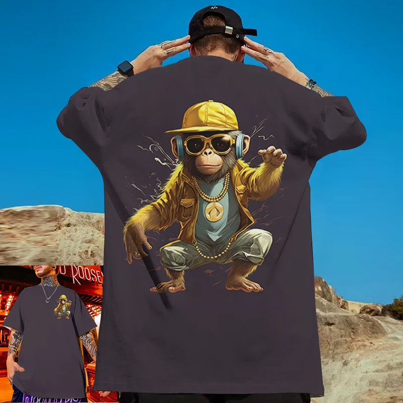 Camiseta masculina de manga curta, camiseta larga e grande, blusa de rua Harajuku, hip-hop, estampa de macaco, camiseta casual diária, 3D, 2024