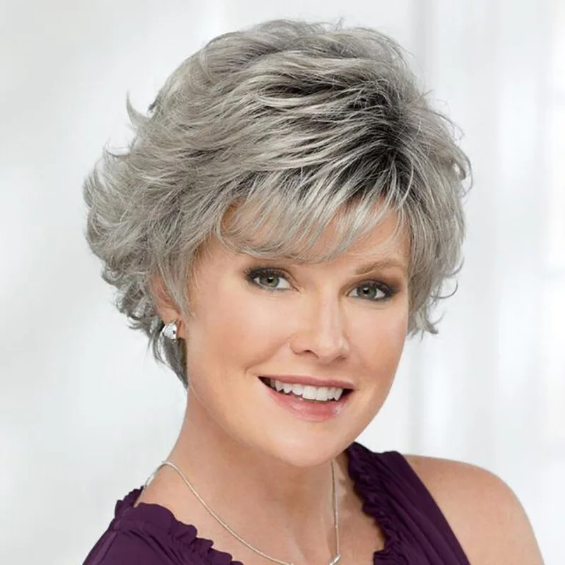 Silver Grey Short Bob Full Wig Synthetic Hair With Side Bangs For Women Halloween Christmas Cosplay Party