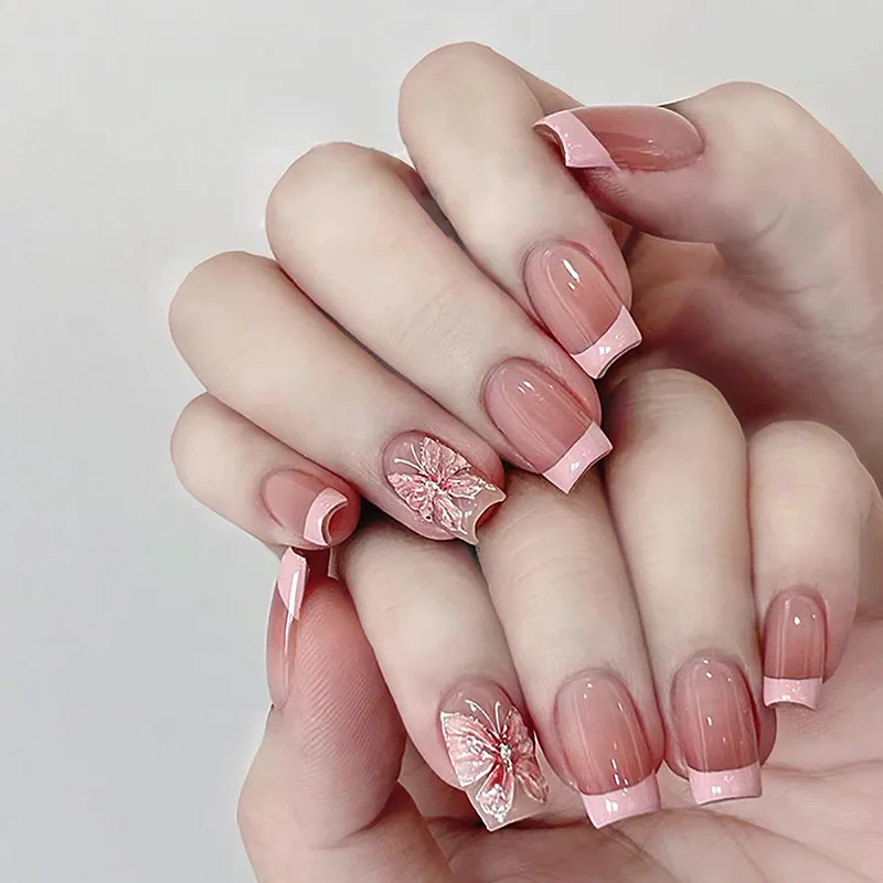24Pcs Simple French Square Head Press on False Nails Peach Blossom Fake Nail Wearable Finished Manicure Full Cover Nail Tips